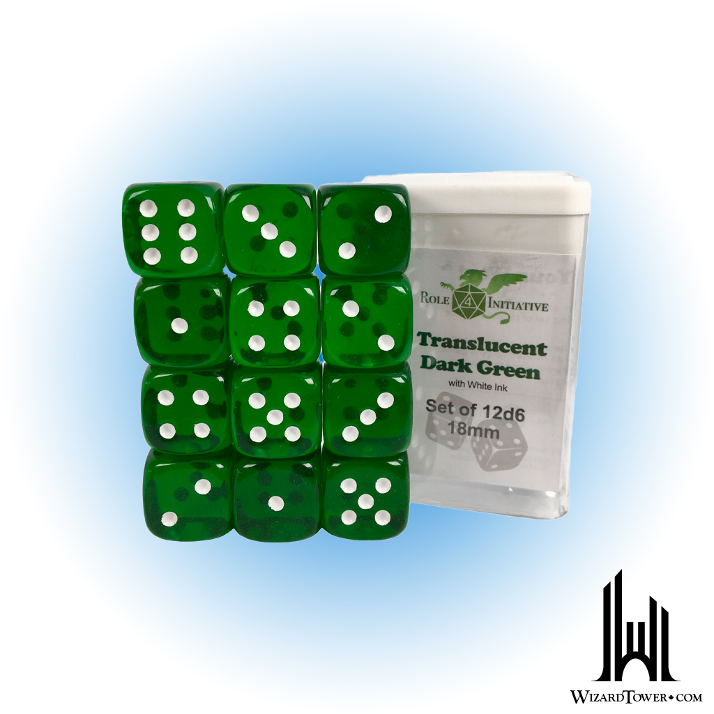 SET OF 12D6 PIPS DICE: TRANSLUCENT GREEN/WHITE 18MM